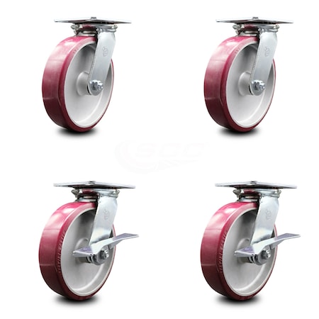 8 Inch Poly On Aluminum Swivel Caster Set With Ball Bearings 2 Brakes SCC
